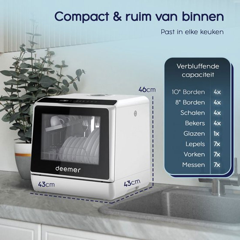 Deemer Mini Vaatwasser Afwasmachine Vrijstaand - Vaatwassers Afwasmachine Reiniger - Camping Vaatwasser Compact Smalle Kleine - Met Waterreservoir & Kraanaansluiting Zonder Watertoevoer - Wit