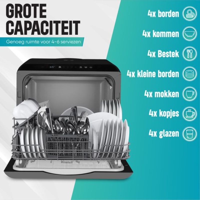 Ventux®-Mini-Vaatwasser-Incl.-App-–-Afwasmachine-–-5-Programmas-–-900-Watt-–-425-x-428-x-458-cm-Zwart