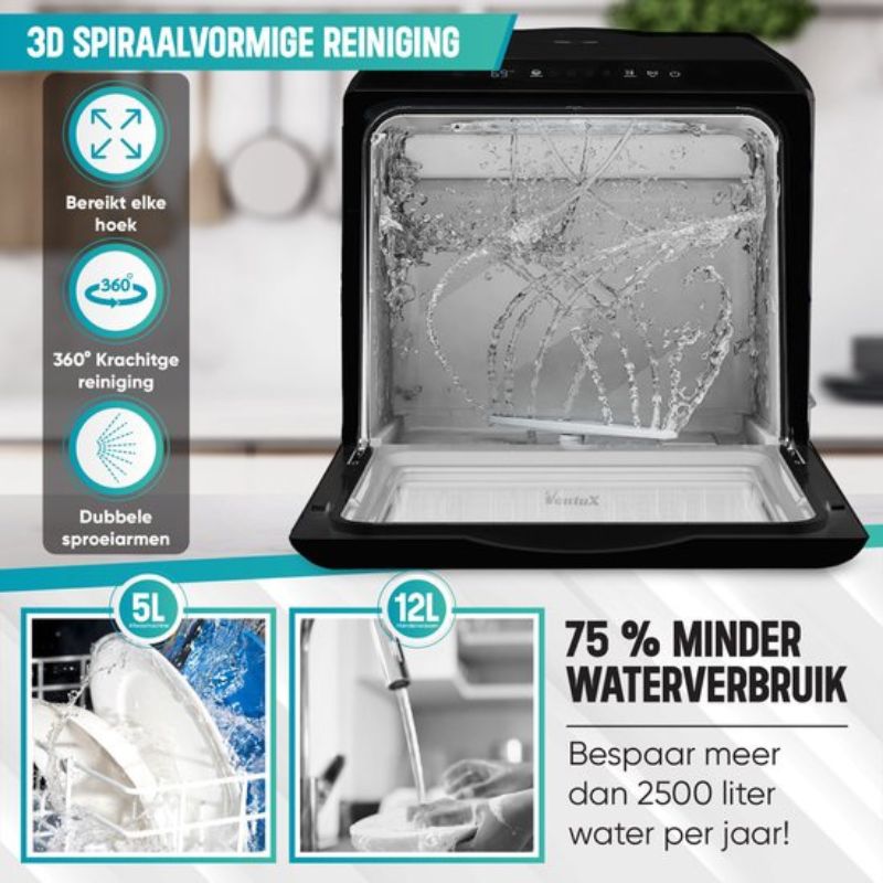 Ventux®-Mini-Vaatwasser-Incl.-App-–-Afwasmachine-–-5-Programmas-–-900-Watt-–-425-x-428-x-458-cm-Zwart
