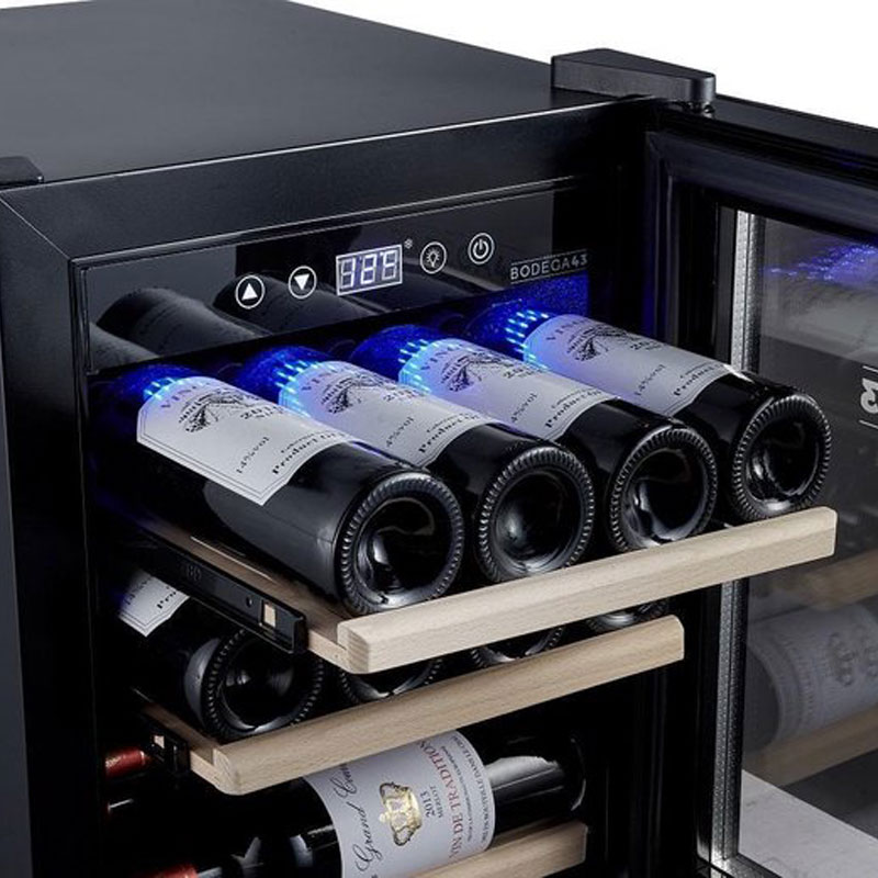 BODEGA43-12C - Design klein wijnkoelkast met compressor - 12 flessen - 3 houten lades - Vrijstaand wijnklimaatkast - Zwart
