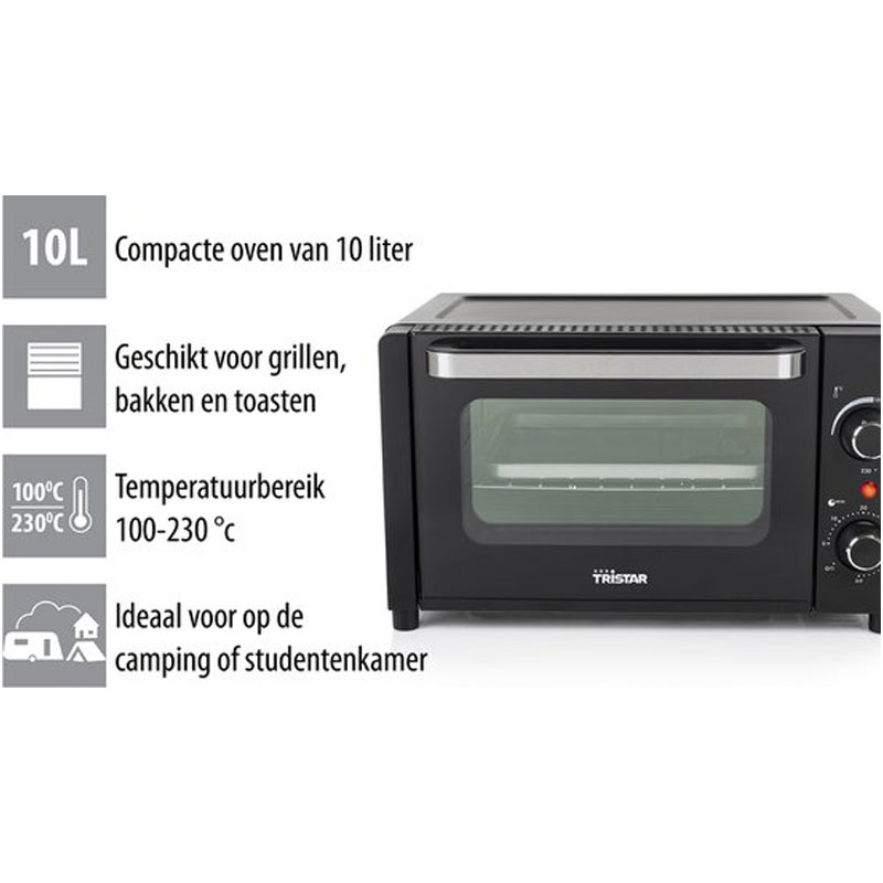 Camping Oven Tristar OV-3615 - Oven 10 Liter - 800 watt - Vrijstaande kleine oven met accessoires - Regelbare thermostaat: 100⁰ tot 230⁰ - Geschikt voor camping - Inclusief bakplaat, grillrooster en handvat - Zwart