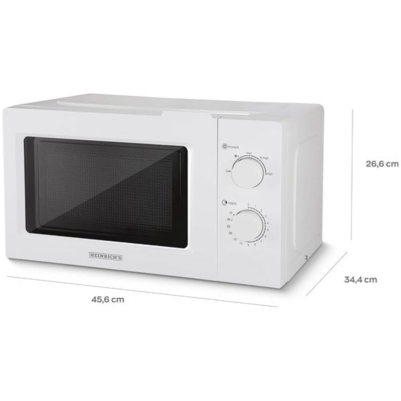 HEINRICHS HMW 8845 W, compacte magnetron, 20 l inhoud, 5 standen, incl. timer, ontdooifunctie, binnenverlichting, 360° draaiplateau, twee draaiknoppen, wit, 700 W vermogen