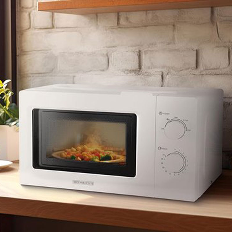 HEINRICHS HMW 8845 W, compacte magnetron, 20 l inhoud, 5 standen, incl. timer, ontdooifunctie, binnenverlichting, 360° draaiplateau, twee draaiknoppen, wit, 700 W vermogen