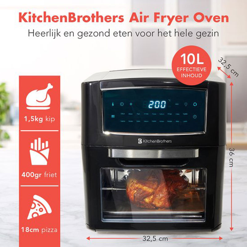 KitchenBrothers Mini Oven - Airfryer - 12L Heteluchtfriteuse - 1500W - met Kookboek - Zwart