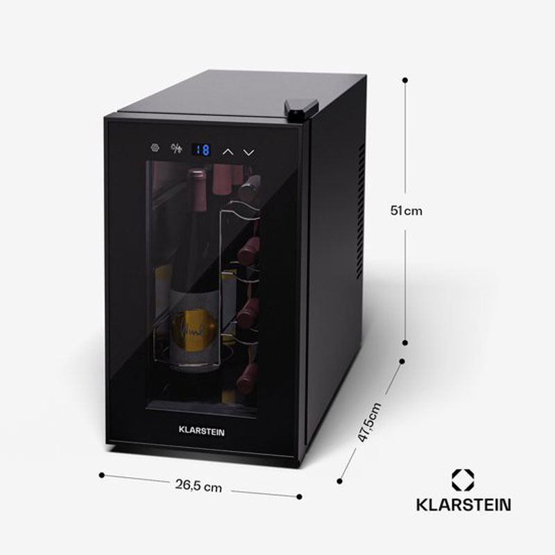 Klarstein Wijnkoelkast - 1 Zone Drankenkoelkast met Glazen Deur - Stille Koelkast voor Binnen/Buiten - 21L Flessenkoelkast Klein - Wijnkoelkast voor Dranken - Wijnkoeler voor 8 Flessen - Zwart