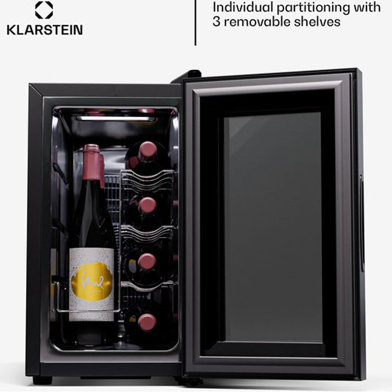 Klarstein Wijnkoelkast - 1 Zone Drankenkoelkast met Glazen Deur - Stille Koelkast voor Binnen/Buiten - 21L Flessenkoelkast Klein - Wijnkoelkast voor Dranken - Wijnkoeler voor 8 Flessen - Zwart