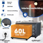 OptimumX Vrijstaande Ovens, 60 Liter Mini Oven – Convectie Oventje - Hetelucht - Draaispit - Timer - Zwart - 2200 Watt