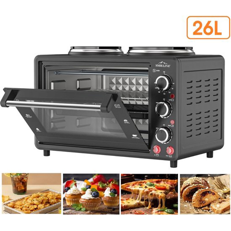 SMH LINE® Camping Oven met 2 kookplaten - 26L - 1400W - Convectie Mini Oven - Geëmailleerde Holte - Hetelucht & Grillfunctie Zwart