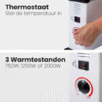 Auronic Elektrische Convectorkachel - 750/1250/2000 Watt - Verstelbare Thermostaat - Wit