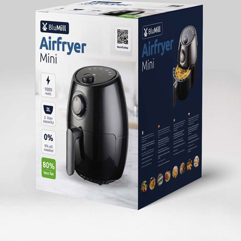 BluMill Mini Airfryer - Compacte Heteluchtfriteuse - Airfyer 2 Personen - 1000W - 2L