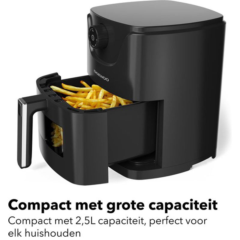 Daewoo DHFRYER2 Kleine Airfryer met Venster - Compacte Heteluchtfriteuse - Geschikt voor 1-2 personen - 2.5 Liter - Timer