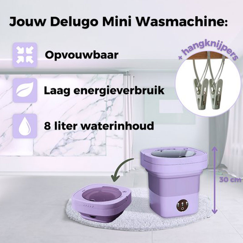 Delugo® Mini Wasmachine - Opvouwbaar - Met Centrifuge - Kleine Camping Wasmachine - Incl. Knijpers - 8L - Paars