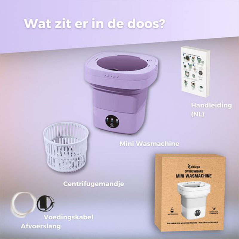 Delugo® Mini Wasmachine - Opvouwbaar - Met Centrifuge - Kleine Camping Wasmachine - Incl. Knijpers - 8L - Paars