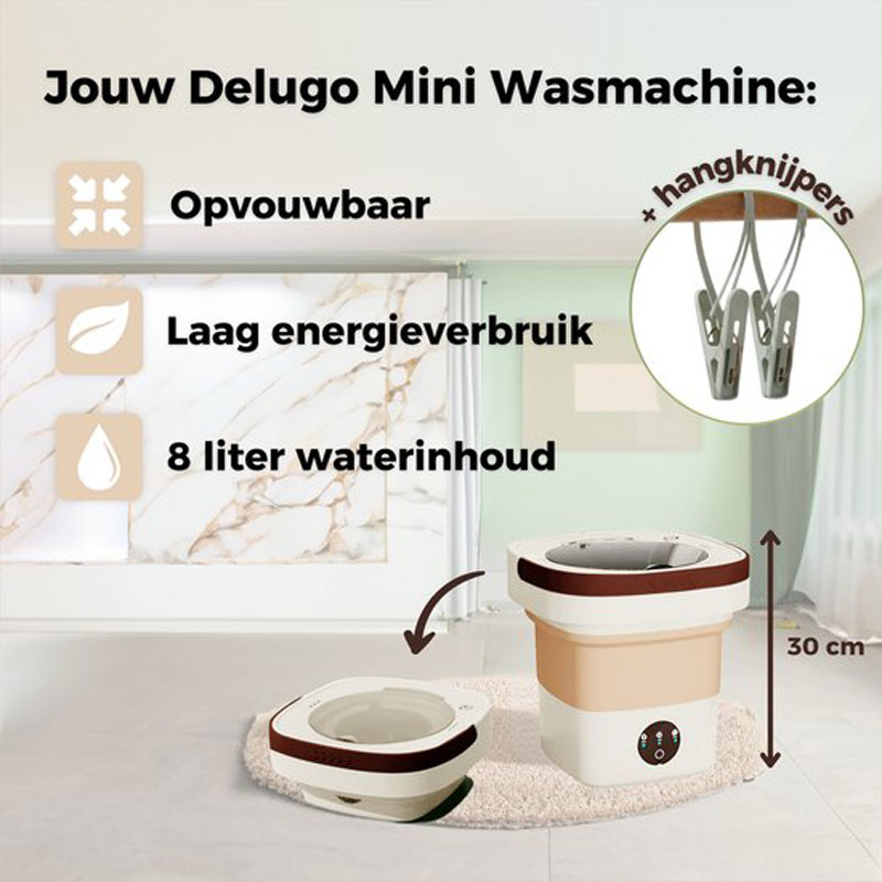 Delugo® Mini Wasmachine - Opvouwbaar - Met Centrifuge - Kleine Camping Wasmachine - Incl. Knijpers - 8L - Wit