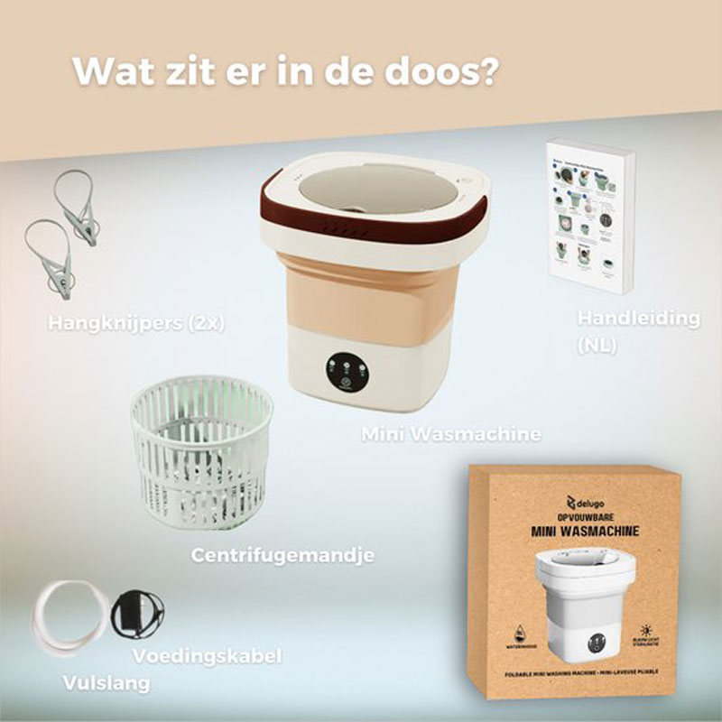 Delugo® Mini Wasmachine - Opvouwbaar - Met Centrifuge - Kleine Camping Wasmachine - Incl. Knijpers - 8L - Wit