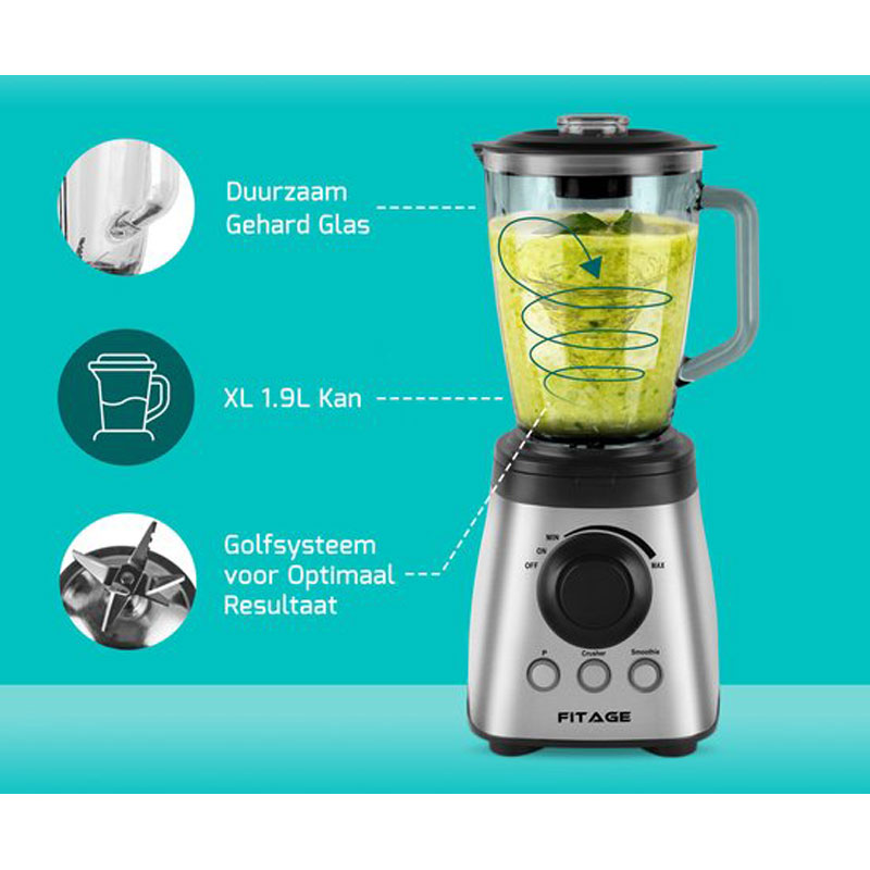 FITAGE Blender - Keukenblender - 1200W en 1.9L Kan - Smoothie Maker - Blender to Go