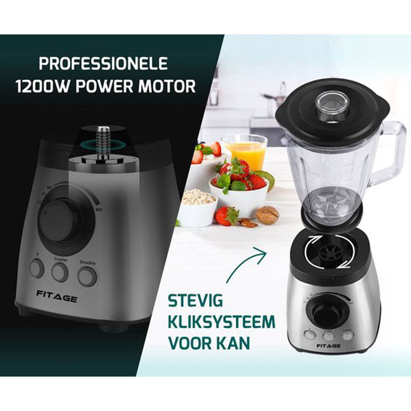 FITAGE Blender - Keukenblender - 1200W en 1.9L Kan - Smoothie Maker - Blender to Go