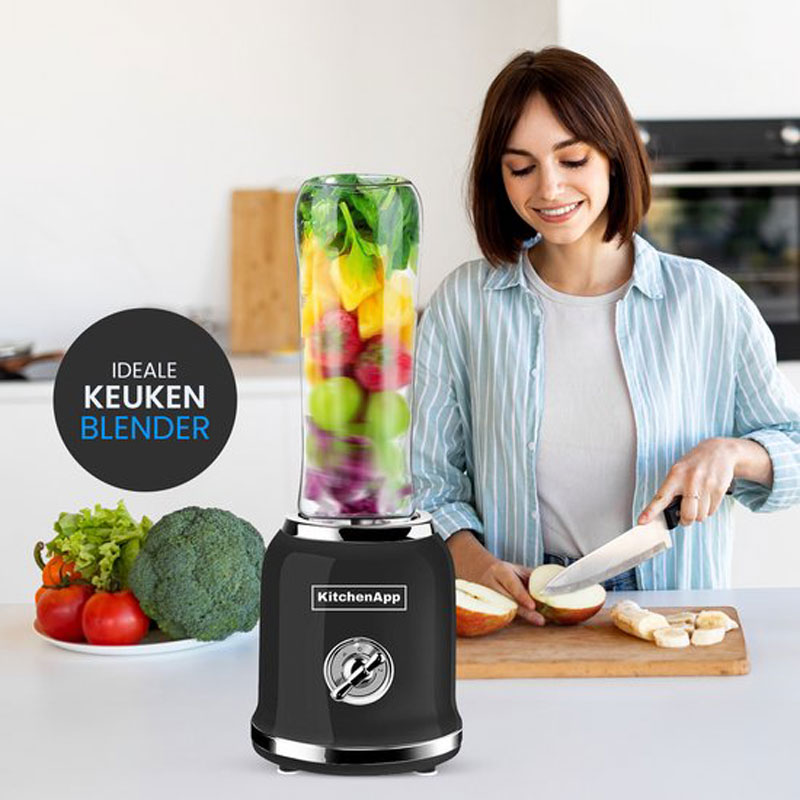 KitchenApp Blender to go - Retro blender - Smoothie maker - Inclusief twee bekers en meerdere accessoires - Zwart