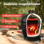 KitchenBrothers Kamado BBQ - 16 Inch Houtskool Barbecue - 34⌀ cm - Deluxe Set - Egg BBQ met Accessoires - Zwart