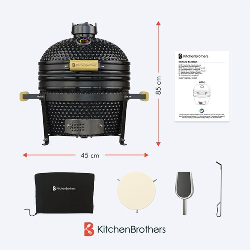 KitchenBrothers Kamado BBQ - 16 Inch Houtskool Barbecue - 34⌀ cm - Deluxe Set - Egg BBQ met Accessoires - Zwart