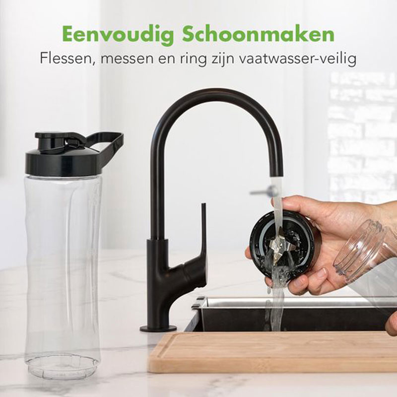 KitchenBrothers Mini Blender - Blender to Go - Smoothie Maker - 2 To-Go Bekers 600 ml - Zwart