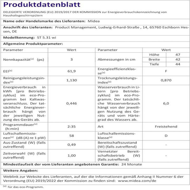 MIDEA ST Mini Vaatwasser - Vrijstaande Vaatwasser - Mini Vaatwasser Met Waterreservoir - Mini Vaatwassers - Kleine vaatwasser - Vrijstaande vaatwasser