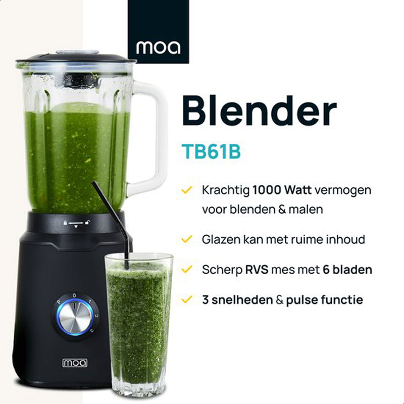 MOA Krachtige Blender - Met glazen kan - 1,5 liter - Zwart - 1000 Watt - TB61B