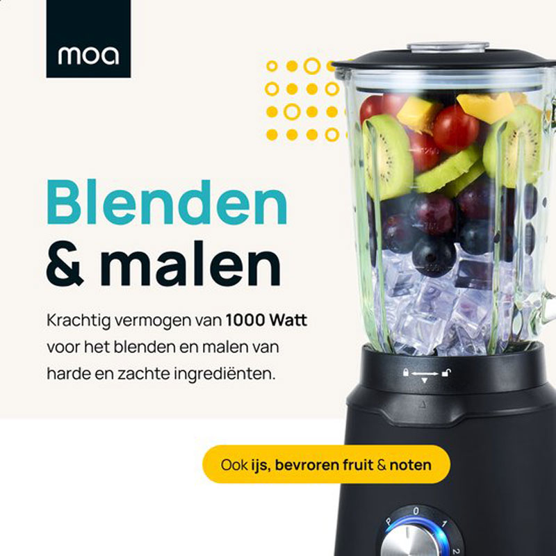 MOA Krachtige Blender - Met glazen kan - 1,5 liter - Zwart - 1000 Watt - TB61B