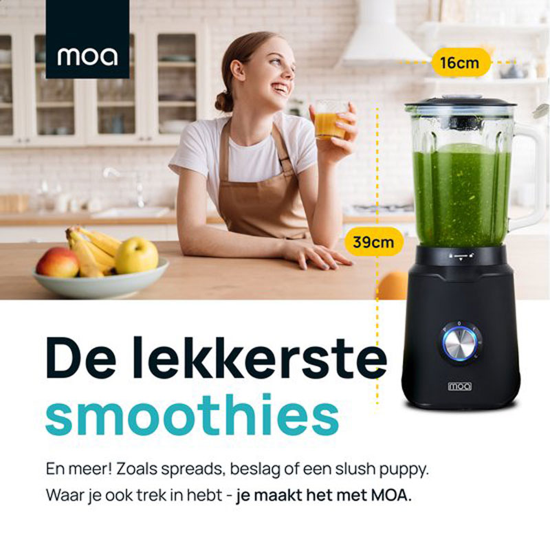 MOA Krachtige Blender - Met glazen kan - 1,5 liter - Zwart - 1000 Watt - TB61B