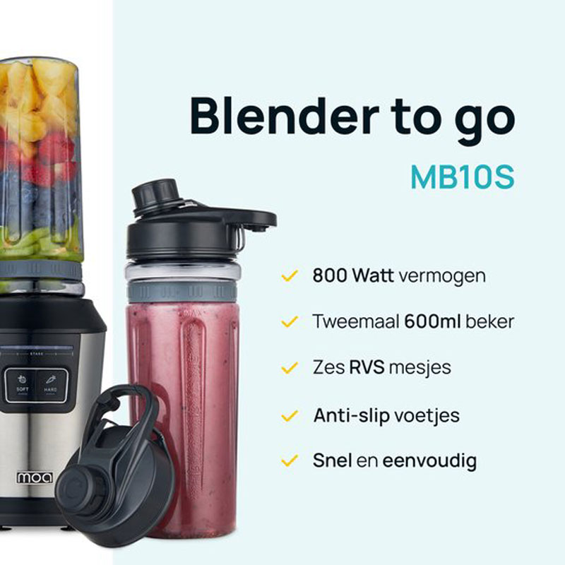 De MOA MB10B Blender To Go is perfect voor een drukke levensstijl. Met een krachtige 800 Watt motor en zes roestvrijstalen mesjes blend je moeiteloos harde en zachte ingrediënten. De duurzame Tritan bekers van 600 ml met anti-lek dop zijn ideaal voor onderweg. Veiligheid en gebruiksgemak staan centraal, met anti-slip voetjes en vaatwasserbestendige onderdelen. Deze blender is de ideale keuze voor gezonde drankjes, zowel thuis als onderweg.