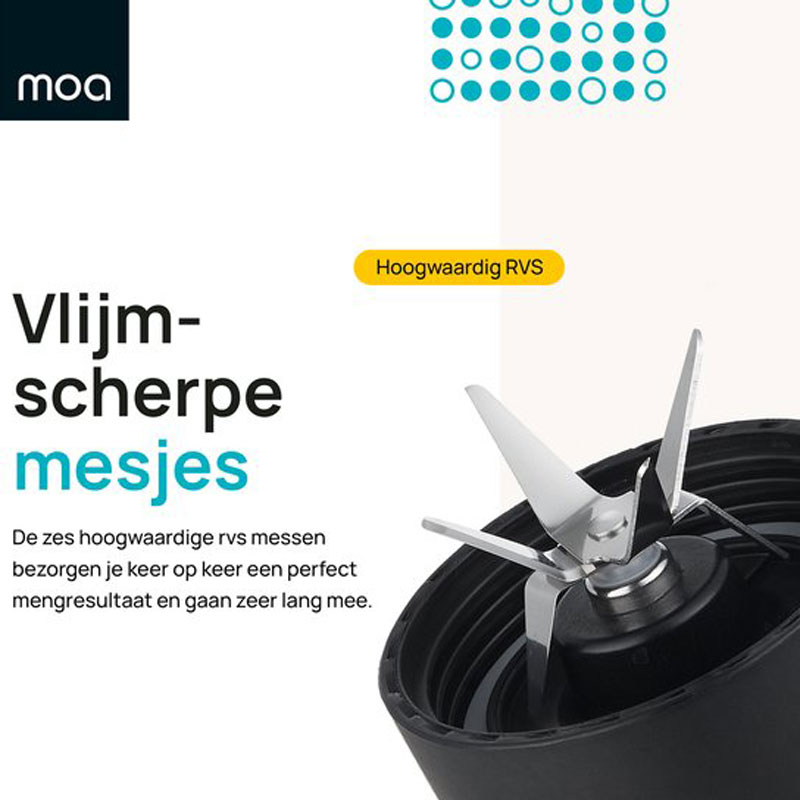 De MOA MB10B Blender To Go is perfect voor een drukke levensstijl. Met een krachtige 800 Watt motor en zes roestvrijstalen mesjes blend je moeiteloos harde en zachte ingrediënten. De duurzame Tritan bekers van 600 ml met anti-lek dop zijn ideaal voor onderweg. Veiligheid en gebruiksgemak staan centraal, met anti-slip voetjes en vaatwasserbestendige onderdelen. Deze blender is de ideale keuze voor gezonde drankjes, zowel thuis als onderweg.
