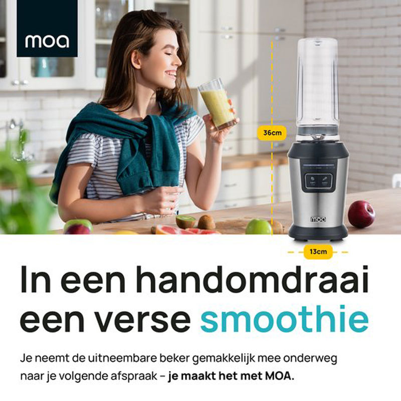 De MOA MB10B Blender To Go is perfect voor een drukke levensstijl. Met een krachtige 800 Watt motor en zes roestvrijstalen mesjes blend je moeiteloos harde en zachte ingrediënten. De duurzame Tritan bekers van 600 ml met anti-lek dop zijn ideaal voor onderweg. Veiligheid en gebruiksgemak staan centraal, met anti-slip voetjes en vaatwasserbestendige onderdelen. Deze blender is de ideale keuze voor gezonde drankjes, zowel thuis als onderweg.
