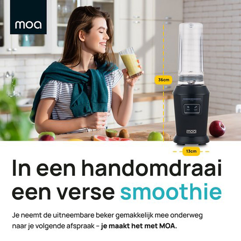 MOA Mini Blender - Blender to Go - Smoothie Maker - 2 To-Go Bekers 600 ml - 800W - Zwart