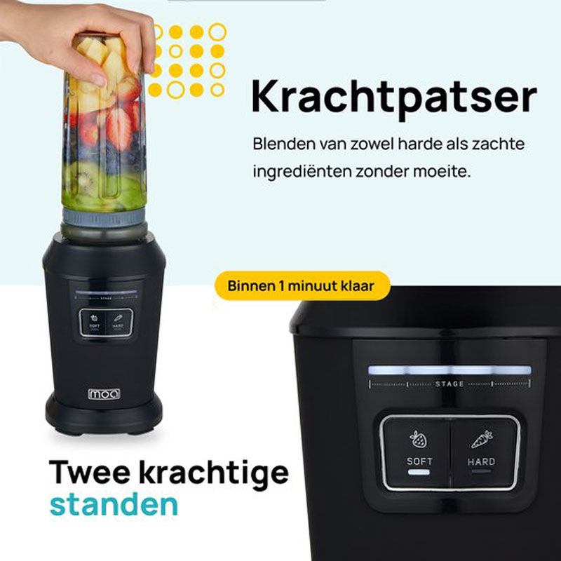 MOA Mini Blender - Blender to Go - Smoothie Maker - 2 To-Go Bekers 600 ml - 800W - Zwart
