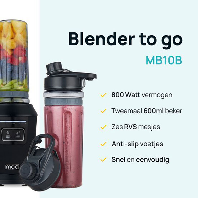 MOA Mini Blender - Blender to Go - Smoothie Maker - 2 To-Go Bekers 600 ml - 800W - Zwart