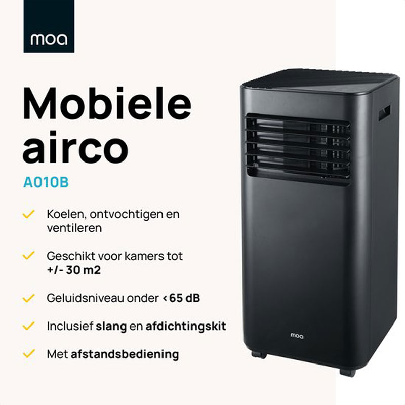 MOA Mobile Air Conditioner - 9000 BTU - Air Conditioning - Suitable for Dehumidification - Including Wheels - incl. Window Seal Kit - Black - A010B