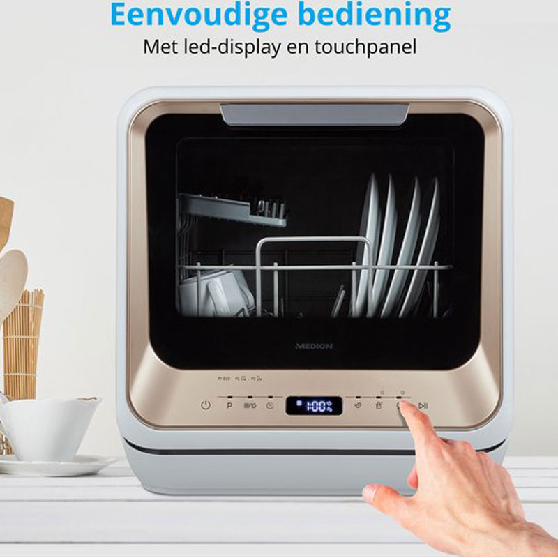Medion Mini Afwasmachine, tafelmodel, vaatwasser, 2 couverts, werkt met/zonder wateraansluiting, 6 reinigingsprogramma's, starttijdkeuze, vrijstaand, MD 37217 [Energieklasse G]