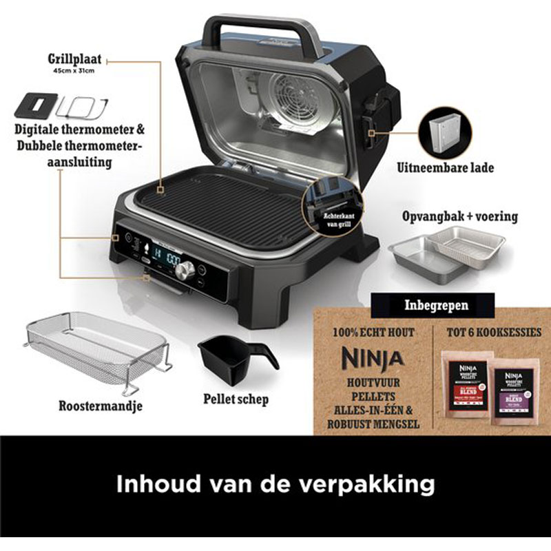 Ninja Woodfire Pro Connect XL - 7-in-1 Elektrische Smart BBQ Grill en Smoker - Inclusief Digitale Braadthermometer - Connect App - OG901EU