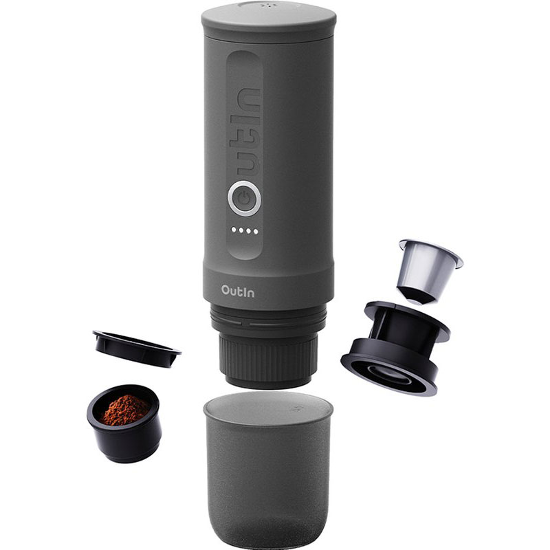 OutIn Nano - draagbare elektrische espressomachine - stijlvol en solide - verwarmt water - capsules & gemalen koffie - 20 bar - draagbare koffiemachine - reis & camping koffiezetapparaat 12 volt
