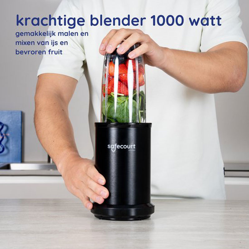 Safecourt Kitchen Power Blender - 1000 watt - blender to go - smoothie blender - Incl. receptenboek - Zwart