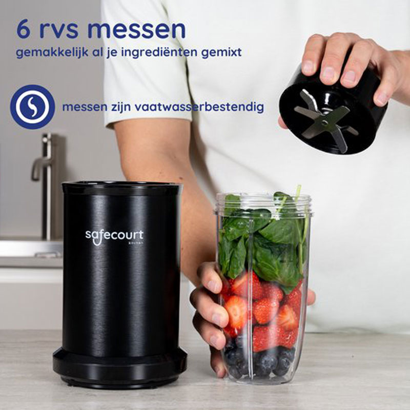 Safecourt Kitchen Power Blender - 1000 watt - blender to go - smoothie blender - Incl. receptenboek - Zwart