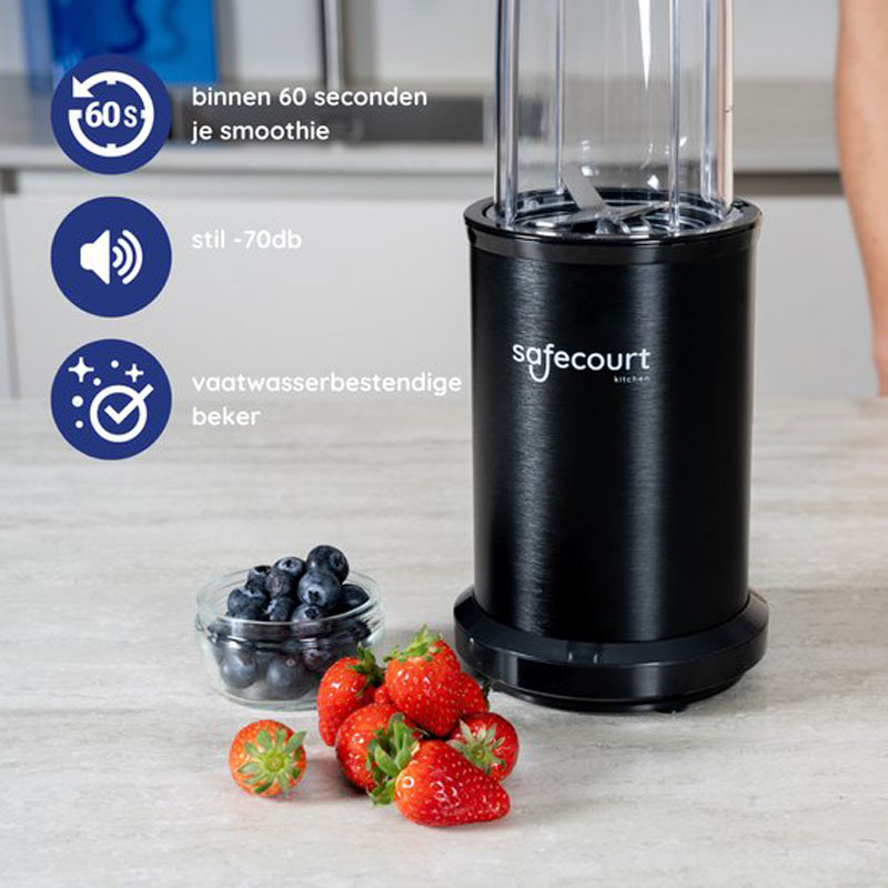 Safecourt Kitchen Power Blender - 1000 watt - blender to go - smoothie blender - Incl. receptenboek - Zwart