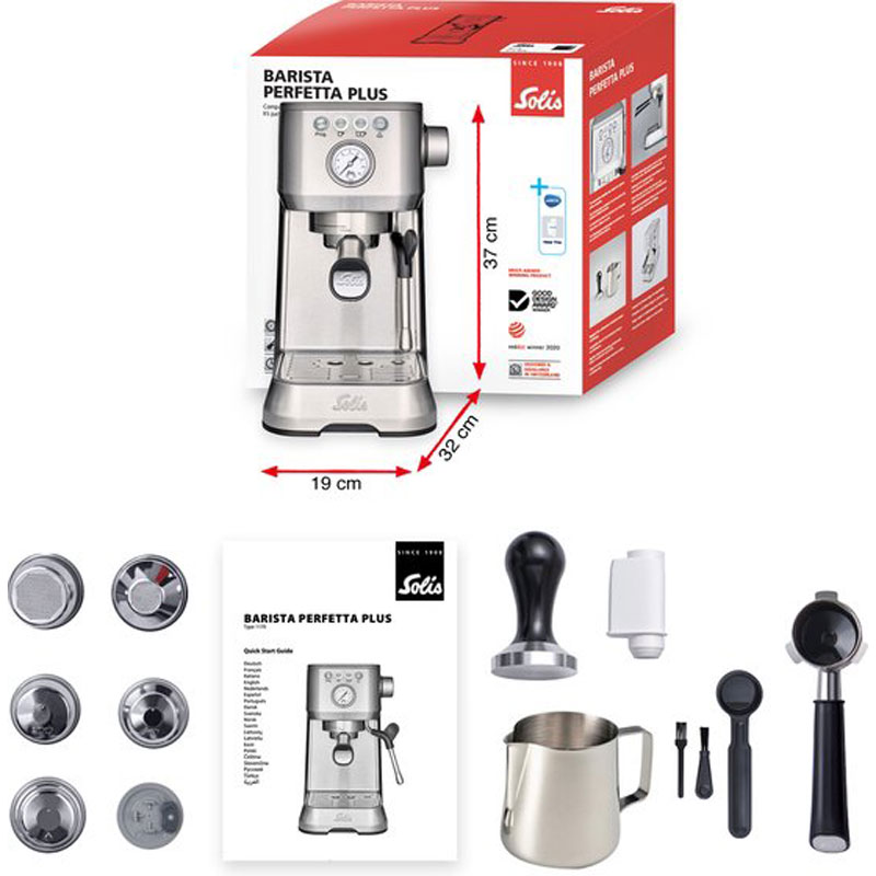 Solis Barista Perfetta Plus 1170 V2 Pistonmachine - Heerlijke Koffie Binnen 1 Minuut - Compacte en Hoogwaardige Espressomachine - Melkschuimsysteem - Zilver