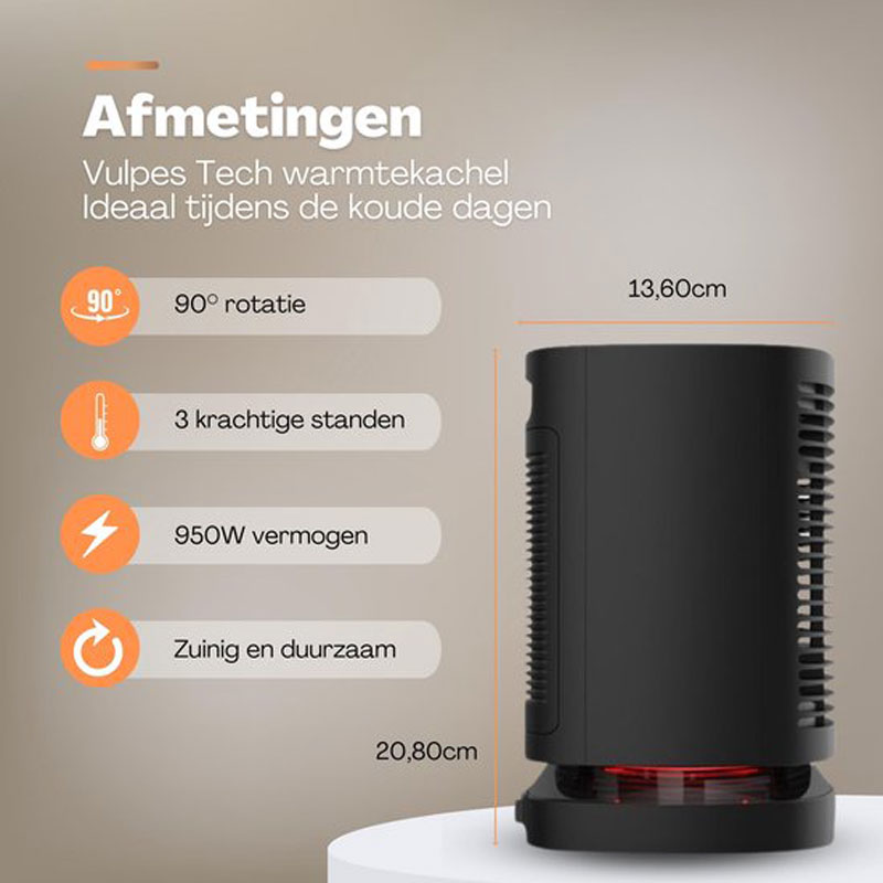 Vulpes Goods® Tech - Elektrische Kachel - Elektrische Verwarming voor Binnen - Ventilatorkachel - Keramische Kachel - Heater - 3 Standen - 950W - LED Indicatie - Roterend - Zwart - Incl. schoonmaakdoek - PRO versie