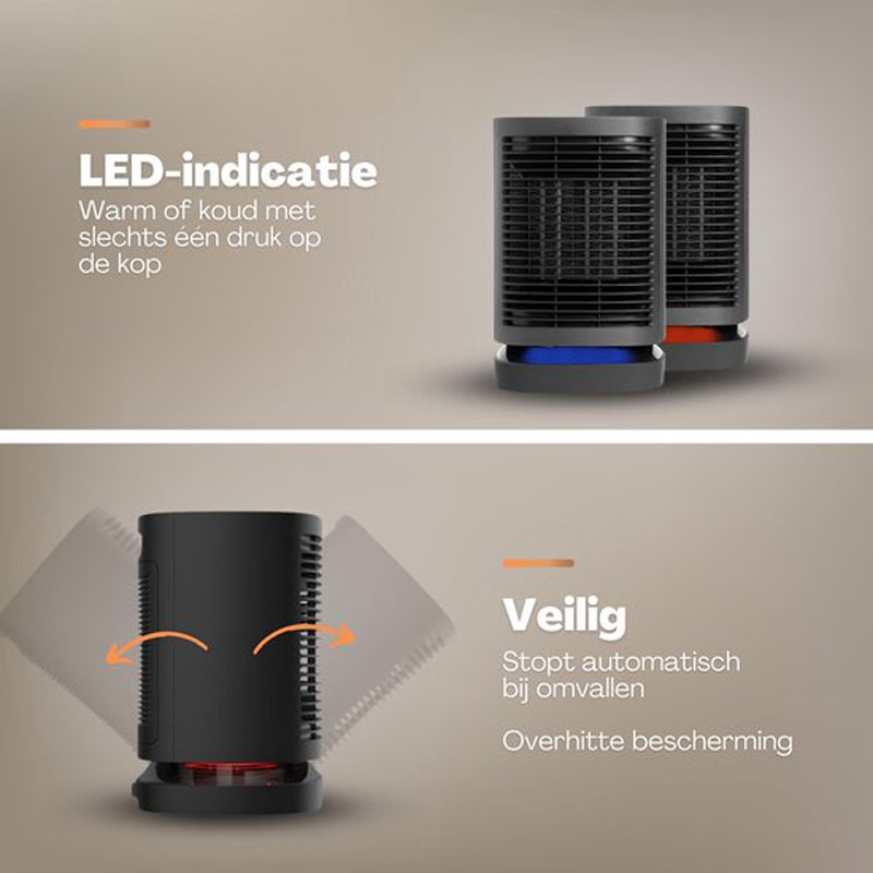 Vulpes Goods® Tech - Elektrische Kachel - Elektrische Verwarming voor Binnen - Ventilatorkachel - Keramische Kachel - Heater - 3 Standen - 950W - LED Indicatie - Roterend - Zwart - Incl. schoonmaakdoek - PRO versie
