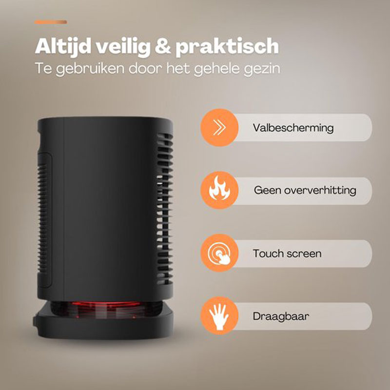 Vulpes Goods® Tech - Elektrische Kachel - Elektrische Verwarming voor Binnen - Ventilatorkachel - Keramische Kachel - Heater - 3 Standen - 950W - LED Indicatie - Roterend - Zwart - Incl. schoonmaakdoek - PRO versie