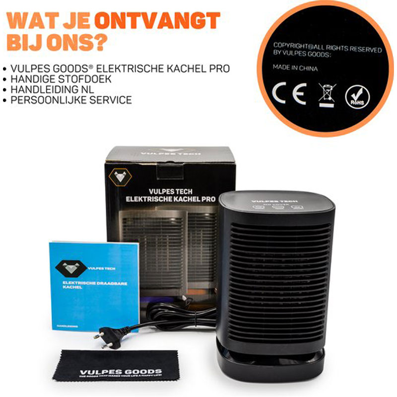 Vulpes Goods® Tech - Elektrische Kachel - Elektrische Verwarming voor Binnen - Ventilatorkachel - Keramische Kachel - Heater - 3 Standen - 950W - LED Indicatie - Roterend - Zwart - Incl. schoonmaakdoek - PRO versie