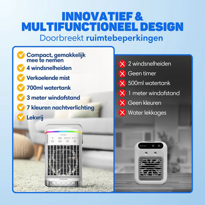 Vulpes Goods® Tech - Mini Airco PRO - Mobiele Airco - Luchtkoeler 4in1 - Aircooler - Tafelventilator - 4 windsnelheden, 2 luchtbevochtingsstanden & timer - Lekvrij - Limited Edition