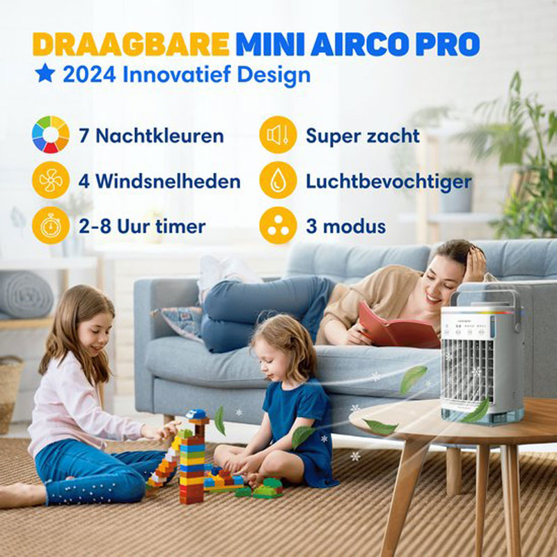 Vulpes Goods® Tech - Mini Airco PRO - Mobiele Airco - Luchtkoeler 4in1 - Aircooler - Tafelventilator - 4 windsnelheden, 2 luchtbevochtingsstanden & timer - Lekvrij - Limited Edition