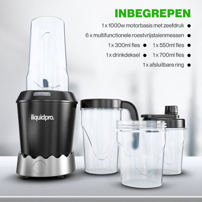 iliquidpro - Blender - incl. To Go Bekers - 1000W - 7-delig - Smoothie maker - Zwart